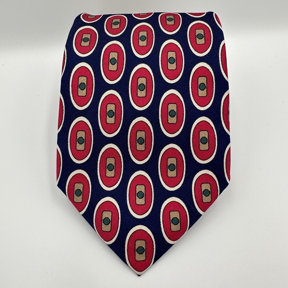 Lands End Tie Mens Blue Red Geometric Medallion 100% Silk Made USA‎ Necktie